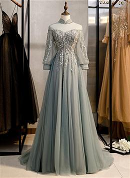 Picture of Charming Tulle Long Sleeves Beaded and Lace Long Party Dresses, A-line Tulle Formal Gown